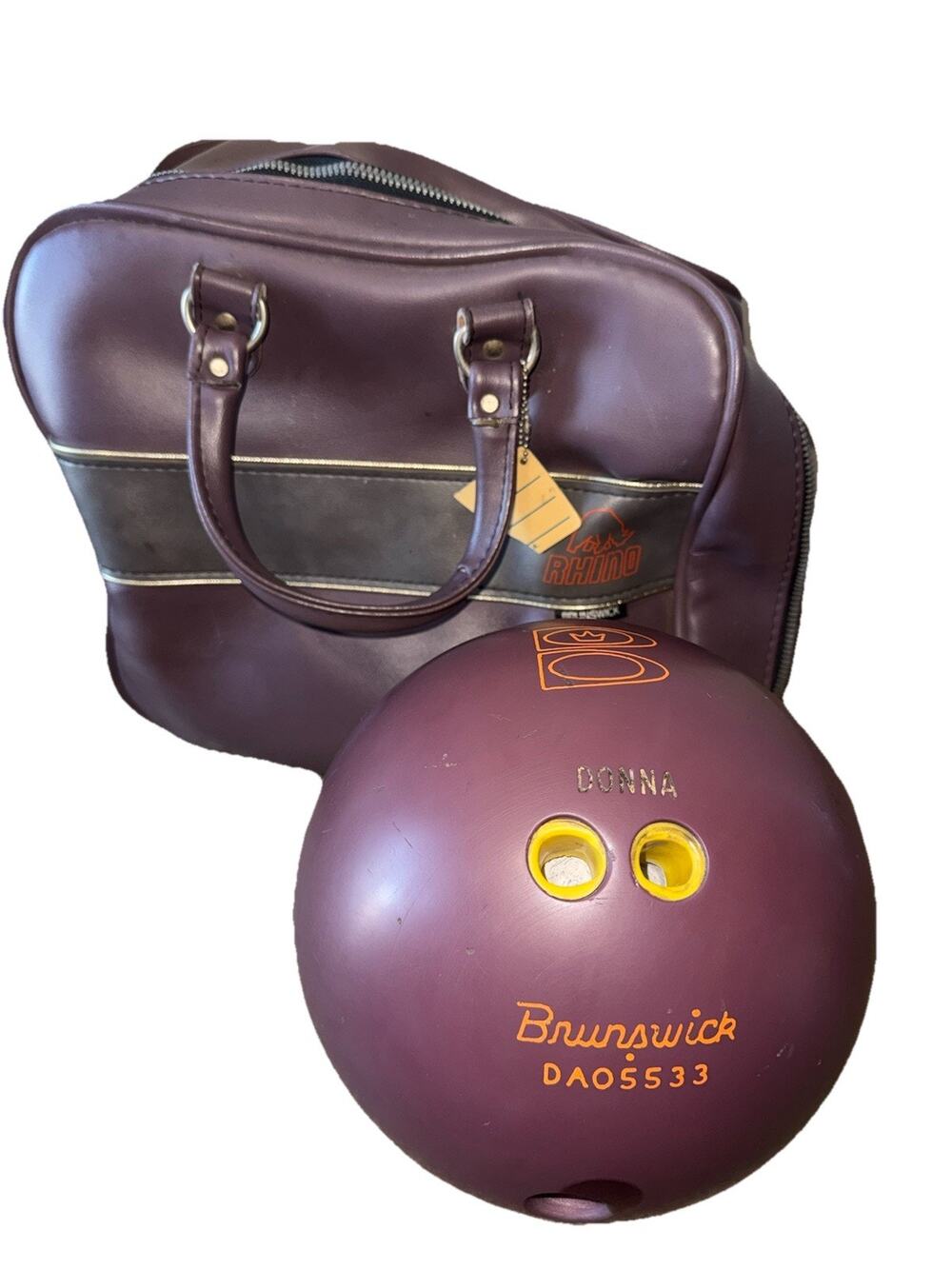 Vintage Brunswick Rhino Bowling Ball 14 lb & Matching Vinyl Tote Bag Set Purple